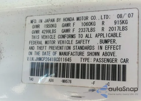 2008 Honda Accord 2.4 Lx-P from USA, damaged, VIN JHMCP26418C011645
